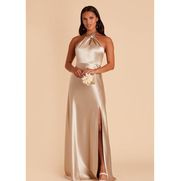 Birdy Grey Dresses & Skirts - Birdy Grey Monica Shiny Neutral Champagne Halter Dress Size S Bridesmaid Prom